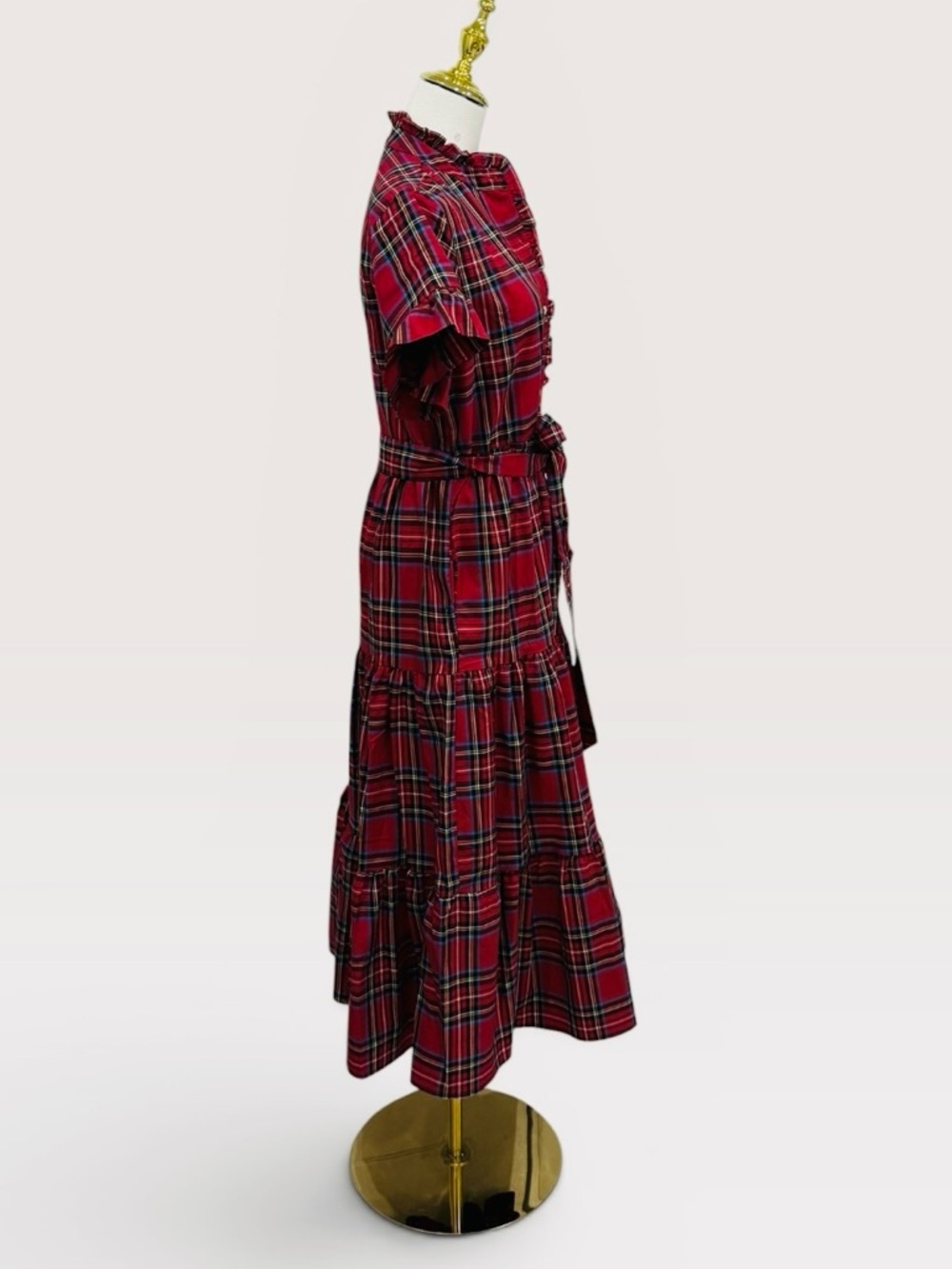 J. MARIE XS HOLLIN BELTED SHORT SLEEVE MIDI DRESS RED TARTAN PLAID NWT $180 - Picture 14 of 15